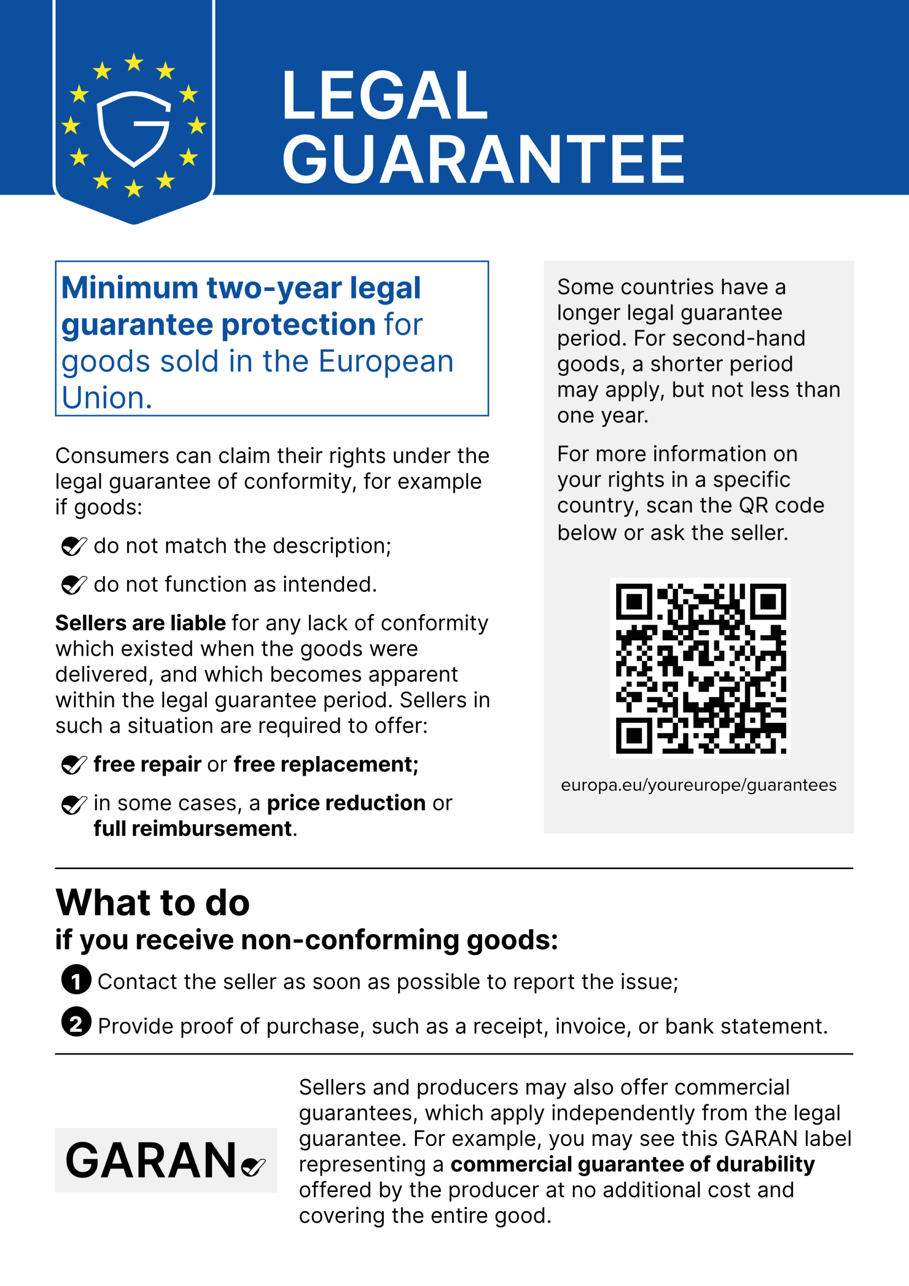 EU notice: minimum two-year legal guarantee for goods sold in the EU.